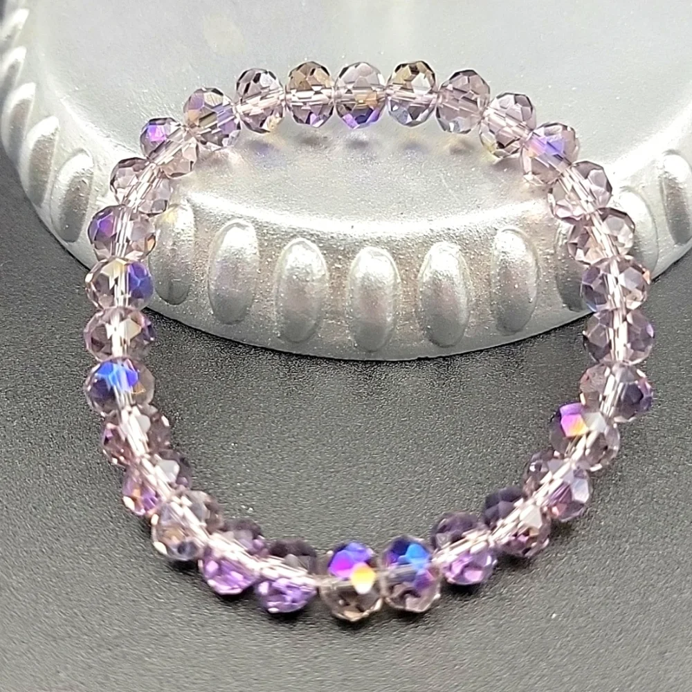 AB Crystal Faceted Stretch Bracelet Size 6.5 Aurora Borealis Blue Purple Sparkle